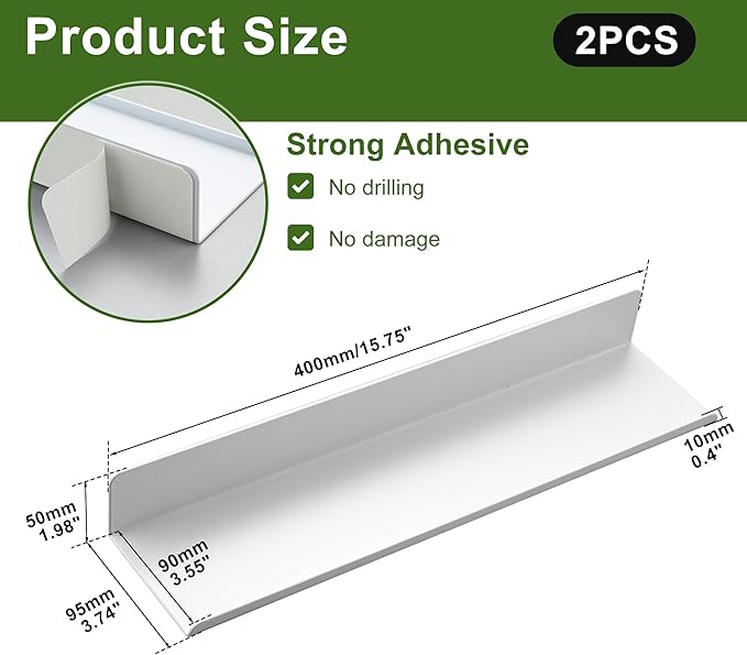 SAYAYO White Floating Shelves for Wall Storage, 16 Inch Adhesive Wall Shelves for Bedroom Decor, Small Display Bathroom Shelf Organizer for Kitchen, Living Room, Office, 2pcs