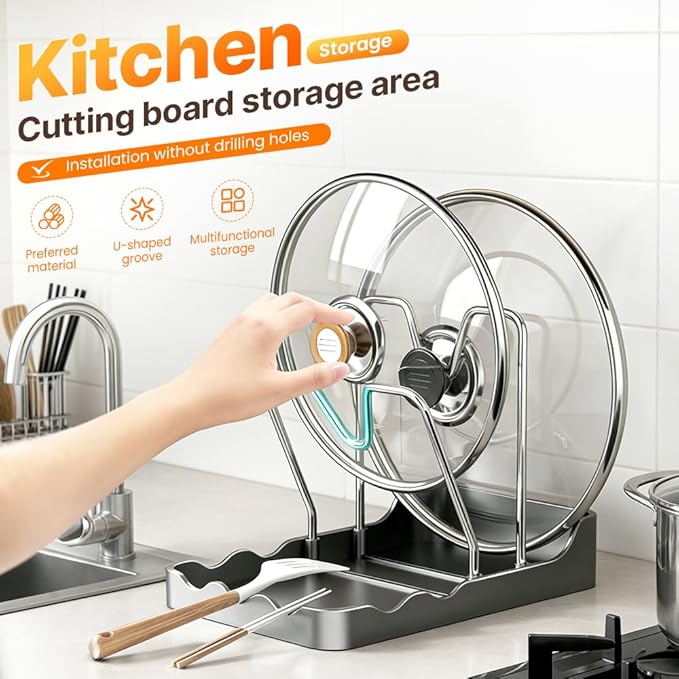 Kitchen Pot Lid Storage Rack, New Multifunctional Stainless Steel Pot and Pan Organizer with Removable Drip Tray, Lid Holder While Cooking, Lid And Spoon Rest (Begie Single)