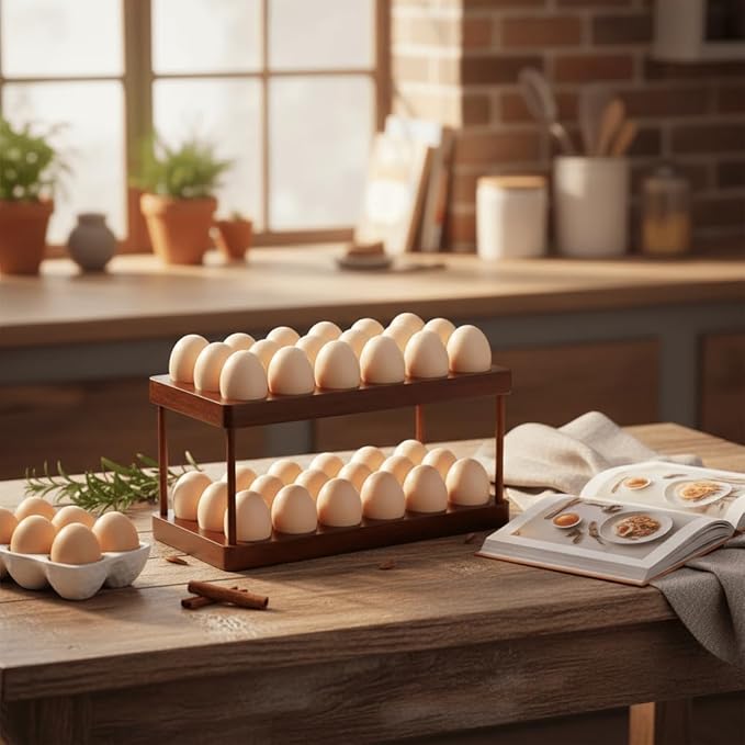 YOUEON Acacia Wooden Egg Holder with Double Layers, Detachable Wooden Egg Tray Holds 36 Fresh Eggs, Countertop Storage Rack for Gathering Fresh & Easter Eggs, Rustic Decor