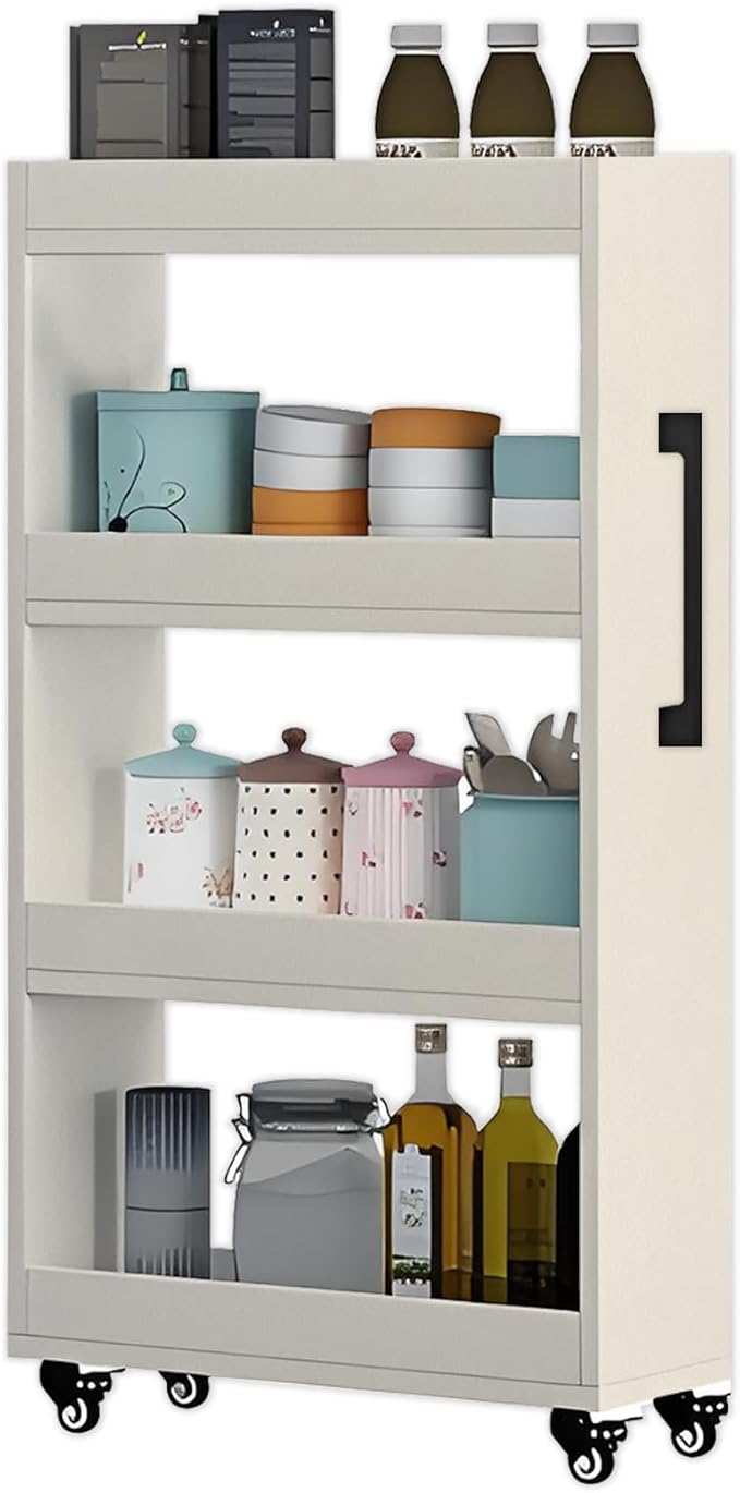 7-Tier Slim Rolling Storage Cart, Wooden Narrow Pantry Cabinet with Wheels, Tall Space-Saving Shelf Organizer for Kitchen, Laundry, Bathroom (Beige, 47.2" H*7.8" W*19.6" D)