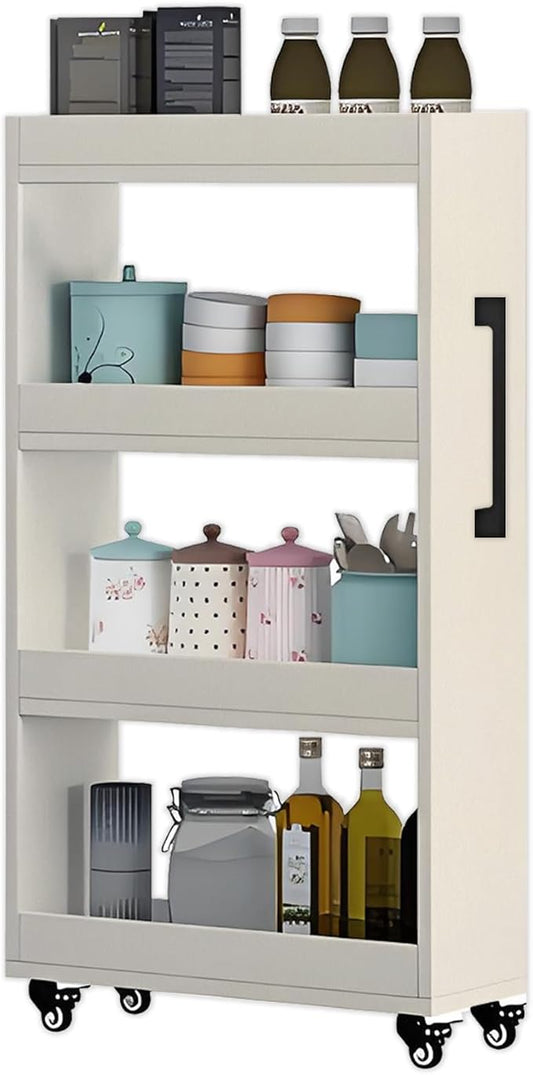 7-Tier Slim Rolling Storage Cart, Wooden Narrow Pantry Cabinet with Wheels, Tall Space-Saving Shelf Organizer for Kitchen, Laundry, Bathroom (Beige, 47.2" H*9.8" W*23.6" D)