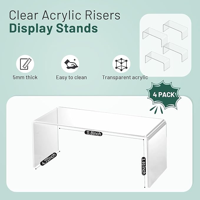 4 Pack Large Acrylic Risers Display Stands, 5mm Thick Display Risers, Shelf Risers for Books, Toys, Cupcakes, Figures (11.8 x 4.72 x 3.93 inches)