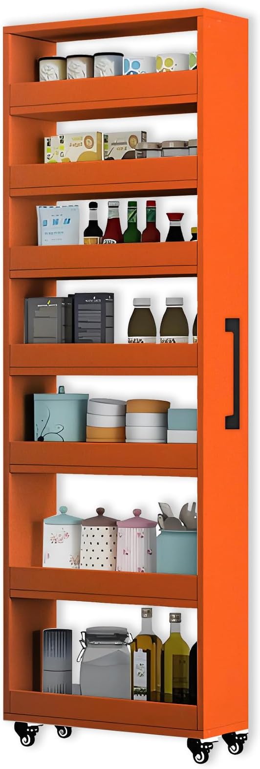 7-Tier Slim Rolling Storage Cart, Wooden Narrow Pantry Cabinet with Wheels, Tall Space-Saving Shelf Organizer for Kitchen, Laundry, Bathroom (Orange, 73.2" H*5.9" W*19.6" D)