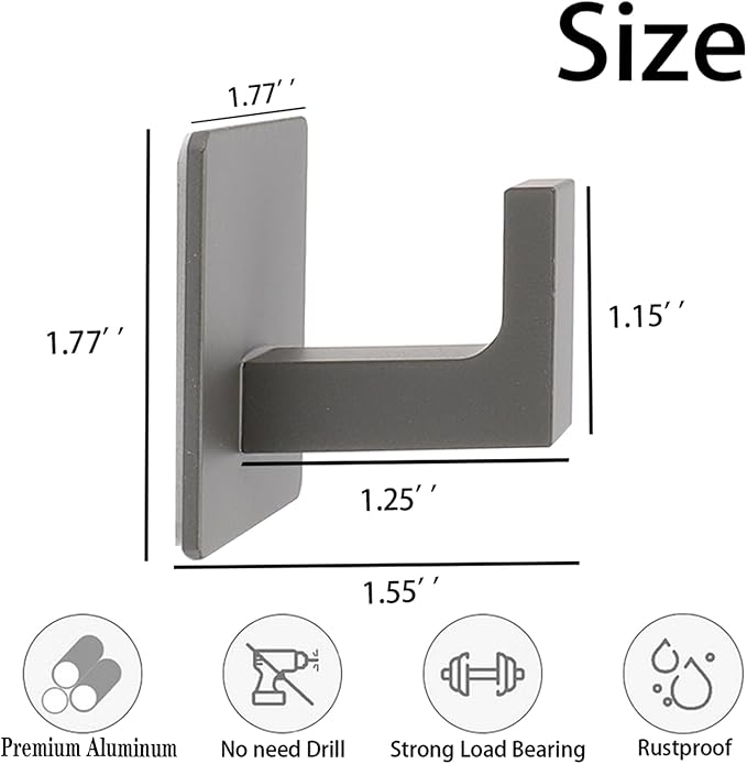 Vanloory Bath Towel Hooks, 6 Pack Self Adhesive Square Coat Hooks, Sturdy No Drilling Robe Hook, Heavy Duty Aluminum Clothes Hanger, Wall Hooks for Bathroom Bedroom Kitchen (2 in, Grey)