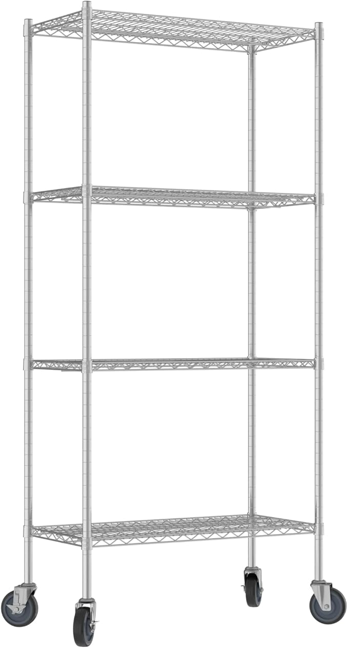 Commercial NSF Listed Chrome Mobile Wire Shelving Kit 18" x 36" x 80", with 4 Shelves Perfect for Warehouse, Walk-in Refrigerator, Freezer, Grocery Store, Restaurant, Dishroom