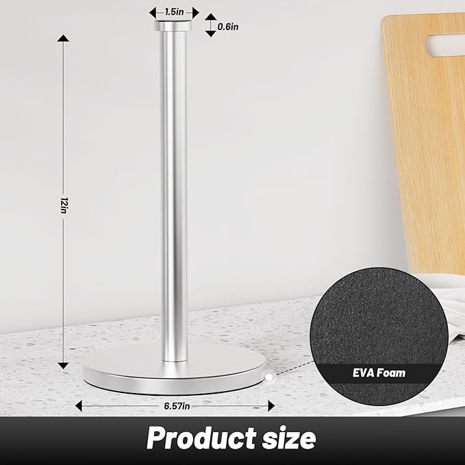 VEHHE Paper Towel Holder Countertop, Weighted Non-Slip Base, Stainless Steel Paper Towel Holder for Kitchen Bathroom (Silver)