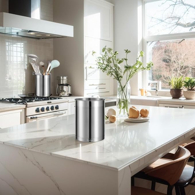 KSENDALO Stainless Steel Utensil Holder for Counter(3Pack), Brushed Silver Metal Utensil Crock Canister for Cooking Utensils on Countertop, with Heavy Base, Dishwasher Safe, Silver
