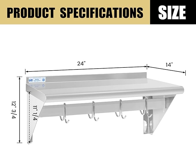 Hally Stainless Steel Shelf with 4 Hooks 14" x 24" Wall Mounted Pot Rack 250lb, NSF Commercial Floating Shelving for Storage Hanging Pots, Pans, cookware in Restaurant, Kitchen, Home and Hotel