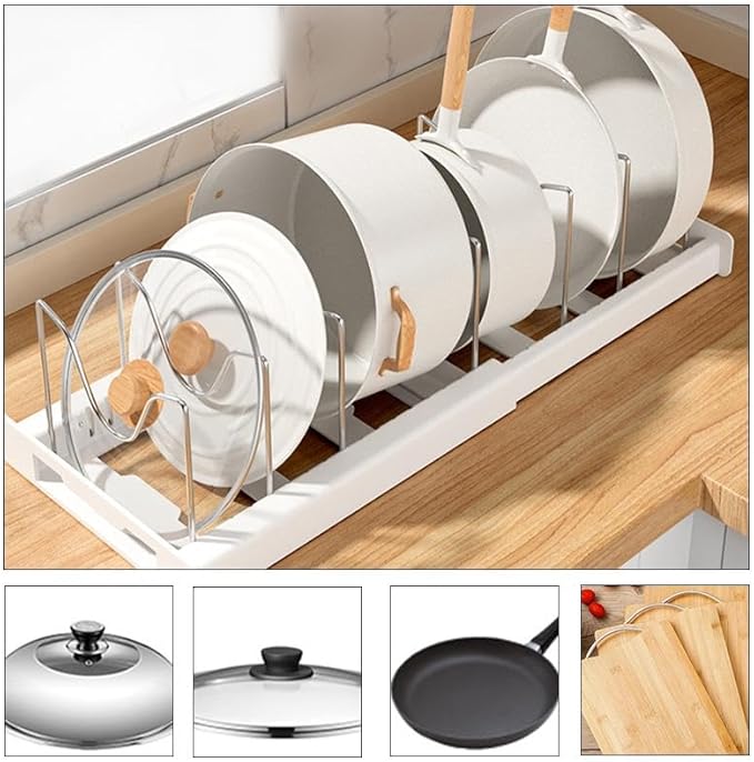 Adjustable Expandable Cookware Organizer – 7 Stainless Steel Dividers for Cabinets, Perfect for Pot Lids & Baking Trays, White Kitchen Storage Rack (White)