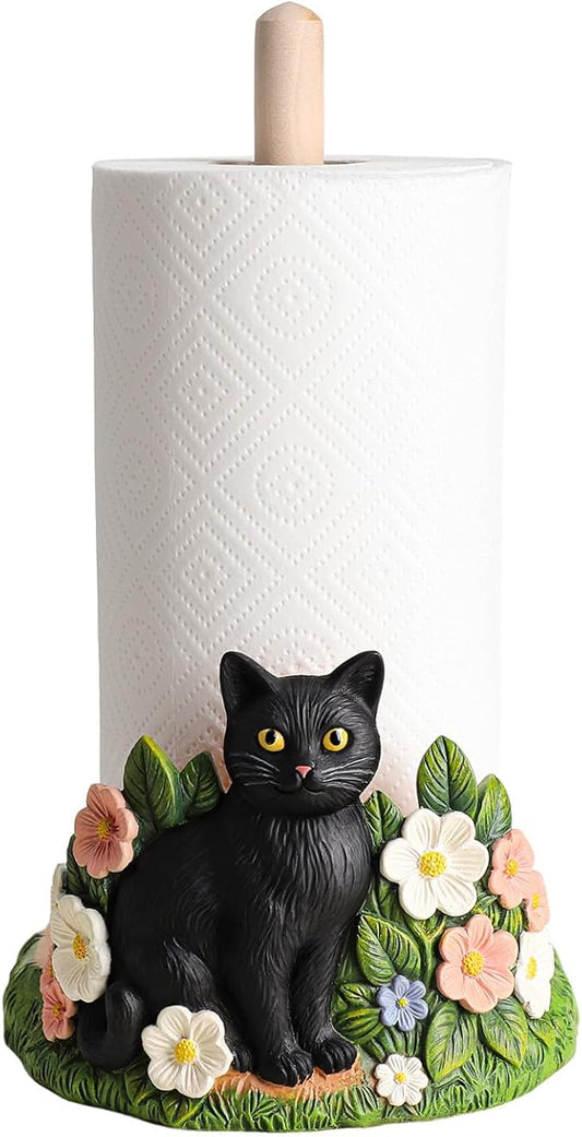WAIT FLY Black Cat and Flower Paper Towel Holder Stand Resin Tissue Stand Roll Holder for Kitchen Countertop Restaurant Cafe