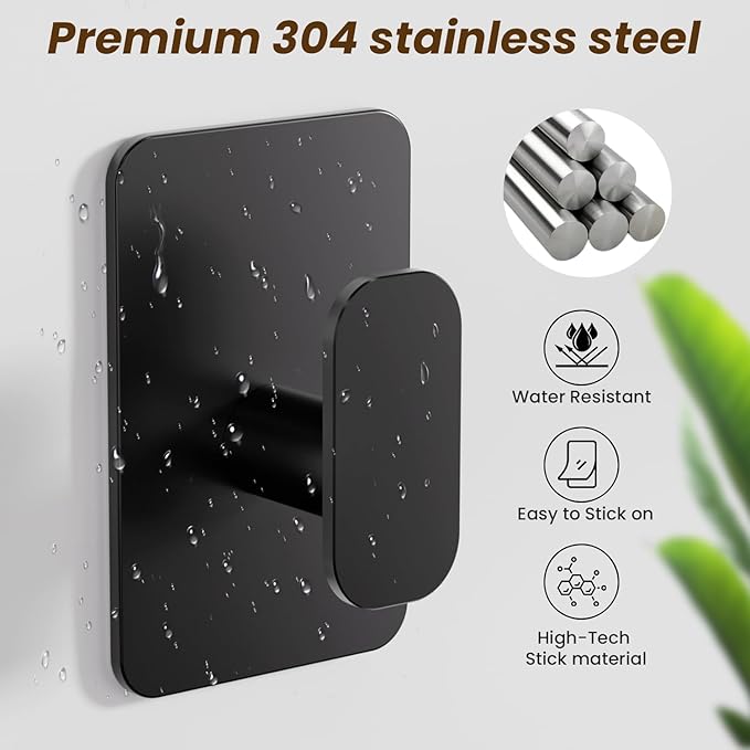 Eowihor Heavy Duty Self Adhesive Hooks - 26lb Max, Sticky Wall Hooks Stainless Steel for Hanging Towel, Coat, Robe, Waterproof & Rustproof Hooks Stick on Bathroom, Shower, Kitchen (Black, 4 Pack)