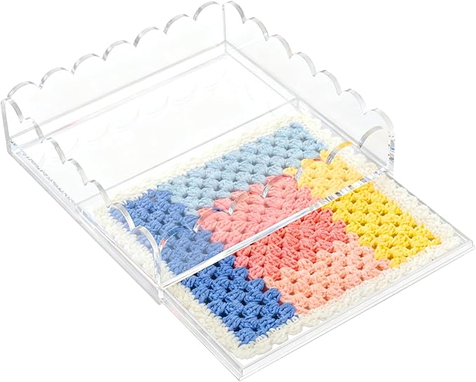 Scalloped Acrylic Tray for Needlepoint Inserts, 8" x 8" Clear Acrylic Tray with Drawer, Compatible for Art, Photos, Fabric & Custom Displays, Decorative Gift for Home or Office