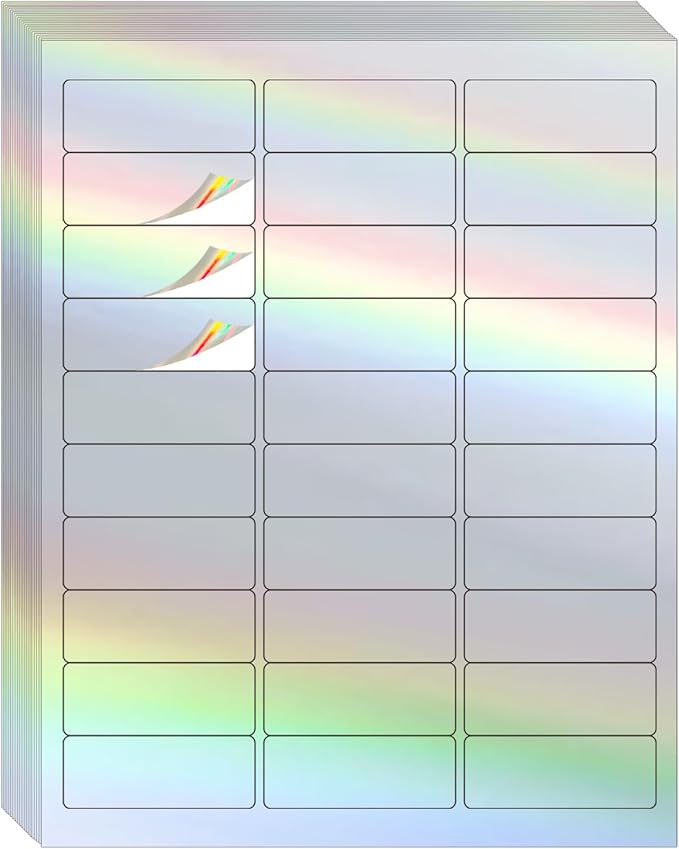 YEGAWEN 1" x 2-5/8" Address Labels- Holographic Color Stickers for Laser/Ink Jet Printer mailing Labels 8.5"×11"- Holographic Silver/ 20 Sheet