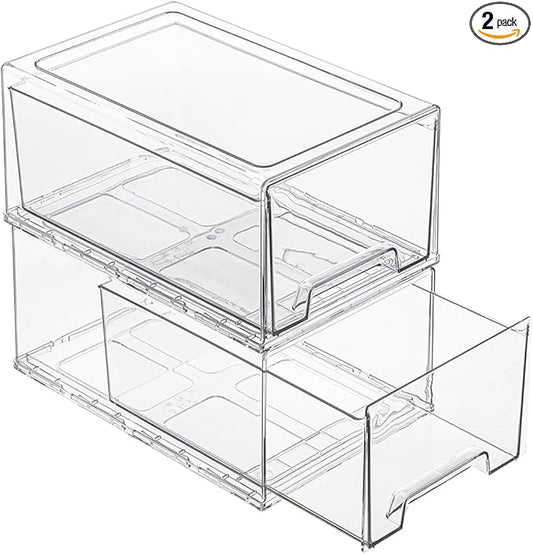 2 Pack Stackable Pull-Out Storage Drawers,Plastic Clear Organizer Bins with Handles,Easily Clean for Craft,and Toy Organization,Kitchen,Undersink,Cabinet,Fridge,Closet,Pantry,Office,Bathroom