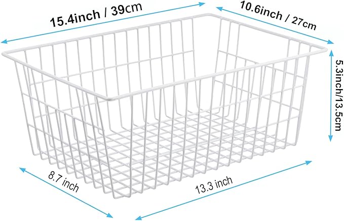 iPEGTOP Wire Storage Freezer Baskets, Set of 2 Large 15.4" Household Metal Organizer Storage Bins Basket for Kitchen Cabinets, Refrigerators, White