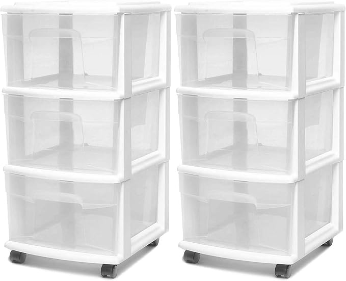 HOMZ 2-Pack Drawer Tower, 3-Tier Clear Plastic Storage Organizer Cart, White Frame - Organizing Containers with Wheels for Home, Bathroom, Bedroom, Office, and Classroom