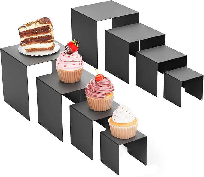 Matte Metal Display Stand,6 Pcs 2 Set Display Risers for Display, Metal Rectangular Display Shelf for Showcase, Dessert, Toys, Perfume (Black, 3''x4''x5 x6)