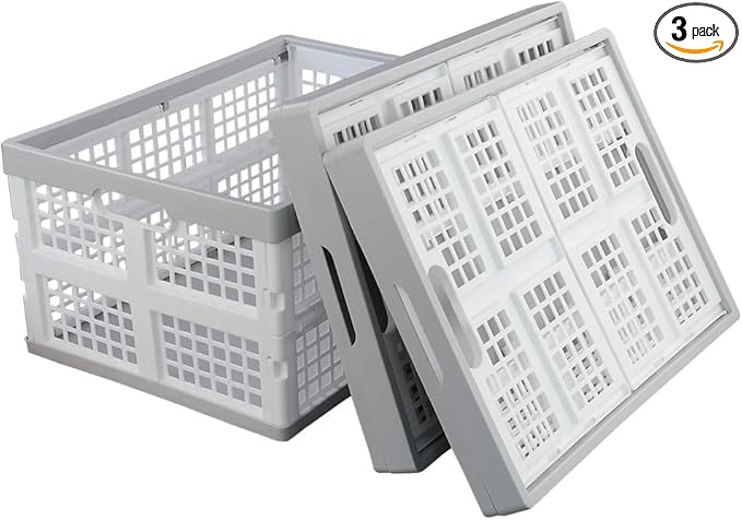 Vababa 28 L Plastic Collapsible Storage Bins, Stacking Utility Foldable Basket, Set of 3