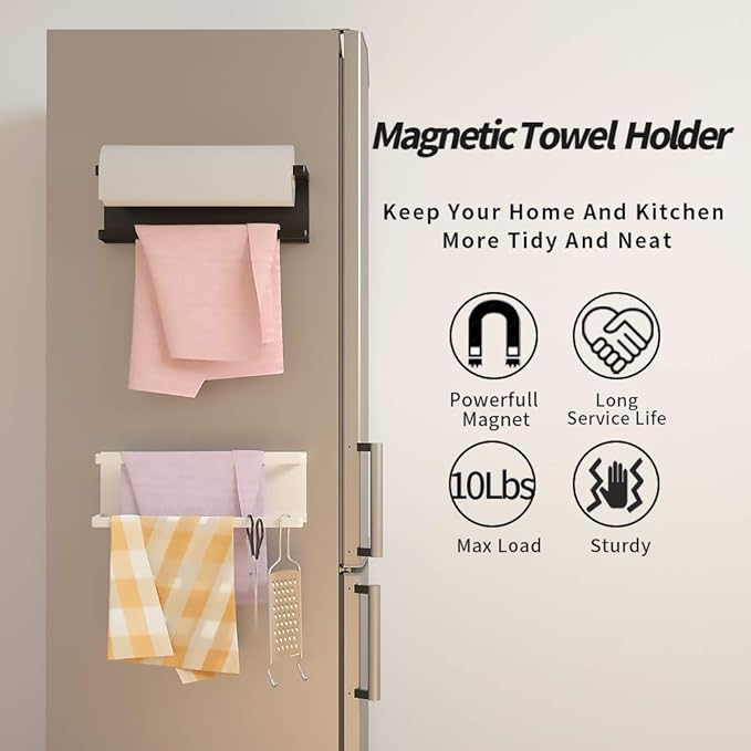Magnetic Paper Towel Holder for Refrigerator, Kitchen Towel Bar Magnetic Paper Rack Multi Function Made of Iron,Used for Kitchen,Bathroom,Toilet, Drill Free (White, Medium)