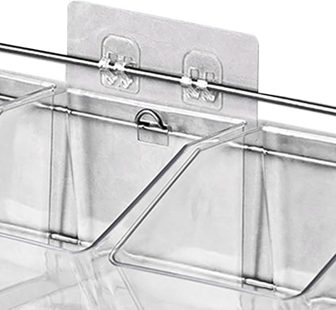 Wall Mounted Storage Container, 3 Storage Grid Clear Plastic Self-Adhesive Hanging Onion and Potato Storage with Metal Rack and Traceless Sticker for Kitchen/Bathroom/Organizer Pantry