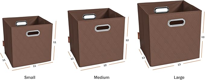 FH Group JIAessentials 11" Faux Leather Foldable Storage Cube Bins Set of 2 – Brown Diamond Patterned Organizers with Handles for Closet & Shelves