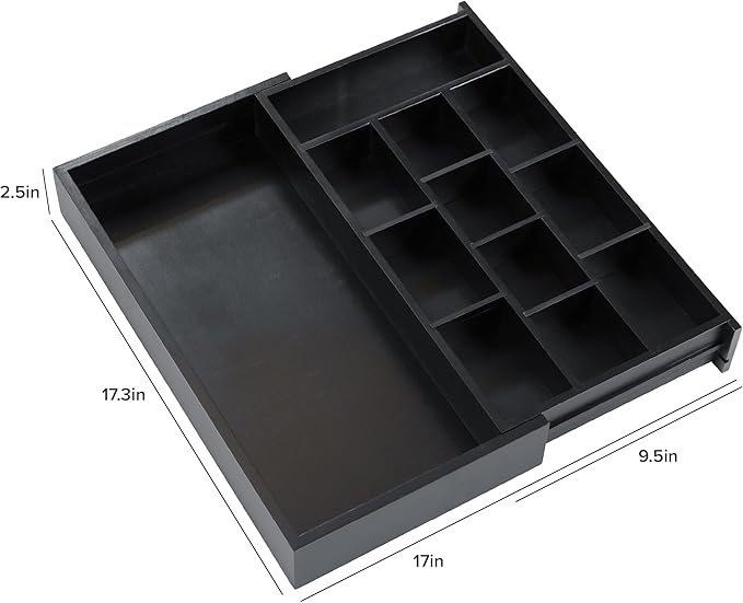KitchenEdge Tea Bag and Coffee Pod Kitchen Drawer Organizer, Expandable 9.7 to 17 Inches, 10 Storage Compartments, Adjustable Wall Inserts, Non-Slip Feet, Food-Safe Black Finish, 100% Bamboo Wood