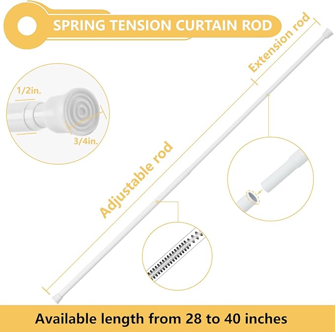 KXLife 4Pcs Tension Curtain Rod Adjustable 28-40 Inch, Small Tension Rods No Drill, Expandable Spring Loaded Tension Rods for Window (White)
