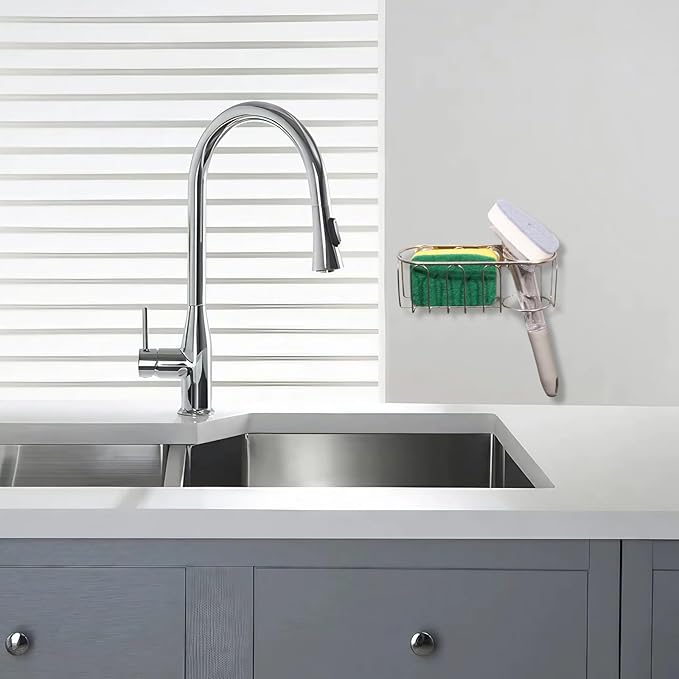 Sink Sponge Holder, Magnetic Kitchen Sink Caddy, 304 Stainless Steel Sponge Brush Holder, Two Suspension Modes, Sink Drain Frame- Silver