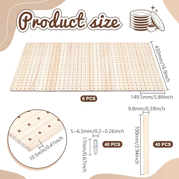 peacoblue 6 - Piece Wood Pegboard Drawer Organizer Set - Kitchen Drawer Peg Organizer 40 Pegs & Screws Included - Organizing Kitchen Dishes, Plates Pegboard Food Containers(17x5.9inch)