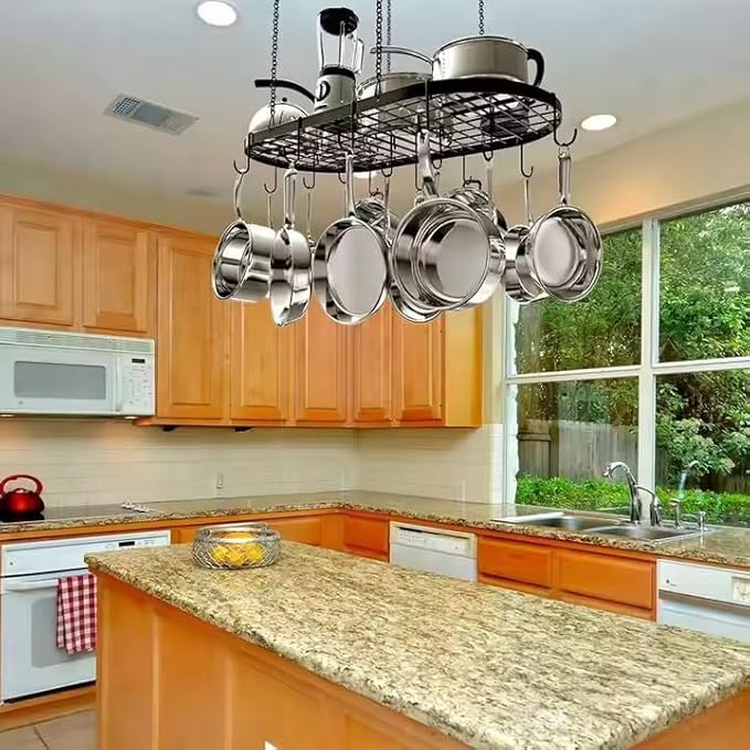 Black Hanging Pot and Pan Rack Organizer Space-Saving Ceiling Mount Cookware Storage Rack 2 Heavy Duty Swag Hangers and 15 S-Hooks; Bonus - 2 Heat Resistant Oven Mitts.Colgador Para ollas Y Sartenes.
