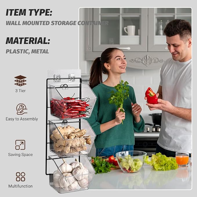 3-Pack Small Clear Storage Baskets, Wall Mounted Adhesive Spice Rack Plastic Storage Bins Kitchen Wall Organizer and Storage Shelves, Spice Organizer for Countertop/Cabinet/Bathroom