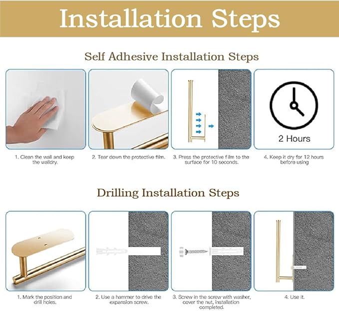 Self Adhesive Paper Towel Holder Under Cabinet Mount, Wall Mounted Paper Towel Roll Holder for Kitchen, Bathroom, Wall,BBQ Grill, Gold