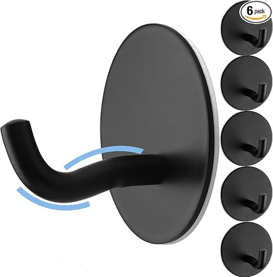 Uvish Matte Black Adhesive Towel Hooks 6 Pack Heavy Duty Wall Hooks for Hanging Robes, Loofah, Towels, Clothes Coat Hooks Stick on Bathroom or Kitchen Stainless Steel