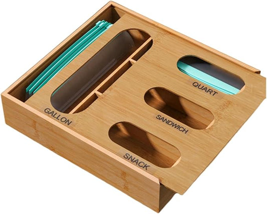 Baggie Organizer - 4 In 1 Kitchen Container, Storage Bag Organizer Kitchen Drawer,Bamboo Storage Bag Organizerr Single Block Design For Gallon Quart Sandwich Snack Cabinet Closet Bathroom