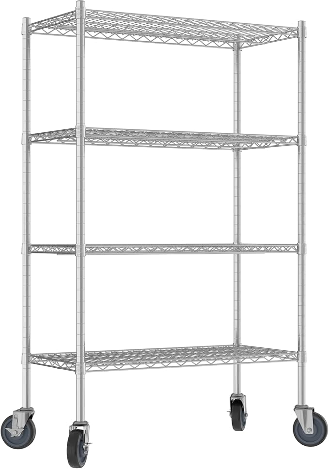 Commercial NSF Listed Chrome Mobile Wire Shelving Kit 18" x 36" x 60", with 4 Shelves Perfect for Warehouse, Walk-in Refrigerator, Freezer, Grocery Store, Restaurant, Dishroom