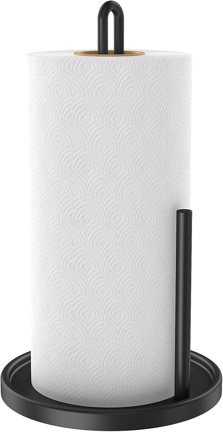 Paper Towel Holder Countertop, Freestanding Paper Towel Roll Holder with Weighted Base, Stainless Steel Standing Papertowel Holder for Kitchen, Matte Black