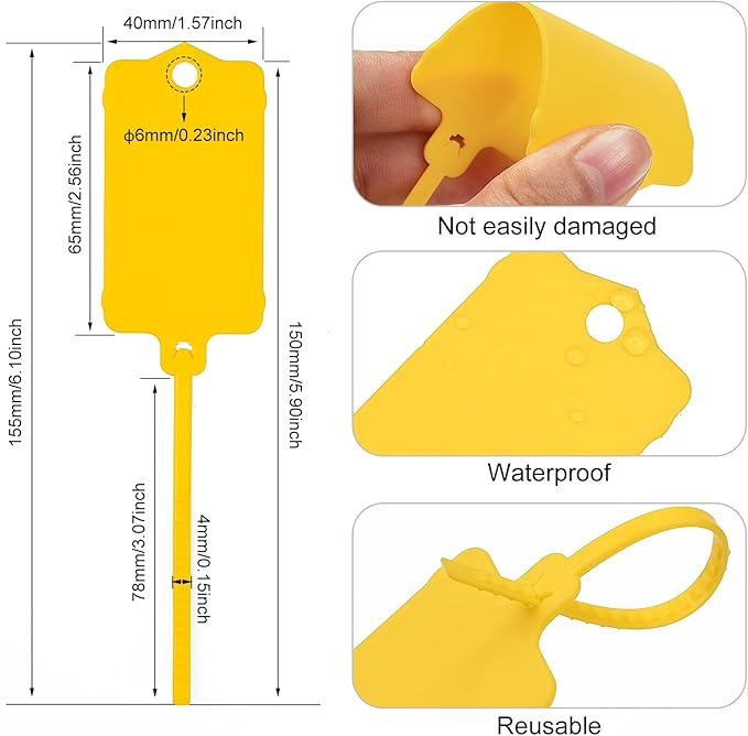 LeadSeals 100pcs Blank Plastic Tags for Labeling Reusable Hanging Tags Ties Key Tag Storage Labels Waterproof Plastic Mark Label Writable Hang Sign with One Marker Pen (Yellow)