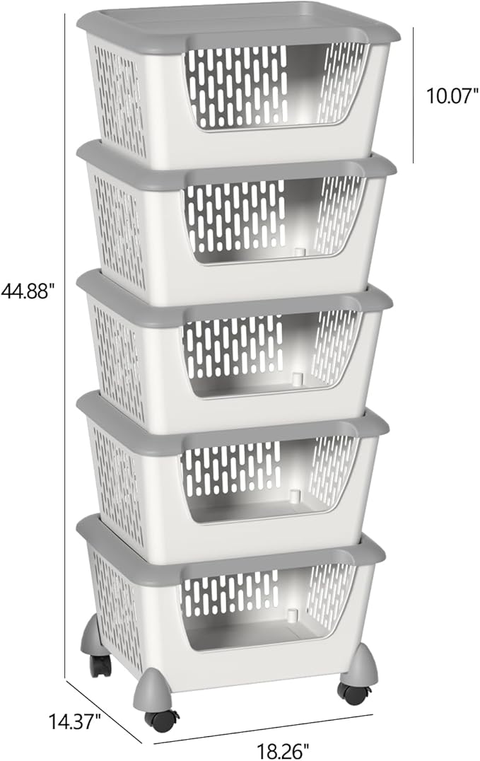 Plastic Open Stacking Storage Bins, 5 Tiers Large Kitchen Stackable Organizer Baskets with Wheels, Grey