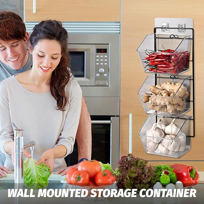 3-Pack Small Clear Storage Baskets, Wall Mounted Adhesive Spice Rack Plastic Storage Bins Kitchen Wall Organizer and Storage Shelves, Spice Organizer for Countertop/Cabinet/Bathroom