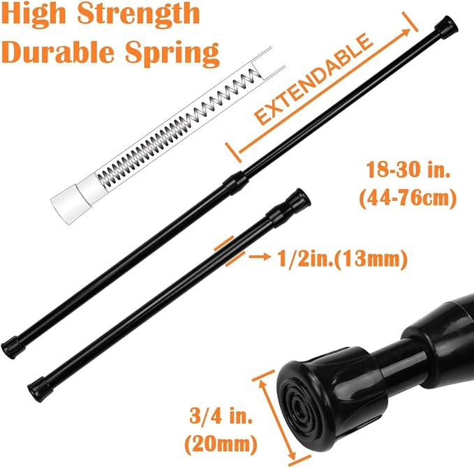 KXLife 2Pcs Spring Tension Curtain Rod, 18 to 30 Inch Adjustable Small Tension Rods No Drill, Black Spring Loaded Curtain Tension Rod for Window