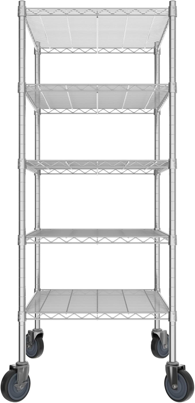 Commercial NSF Listed Chrome Mobile Wire Shelving Kit 24" x 30" x 60", with 5 Shelves Perfect for Warehouse, Walk-in Refrigerator, Freezer, Grocery Store, Restaurant, Dishroom