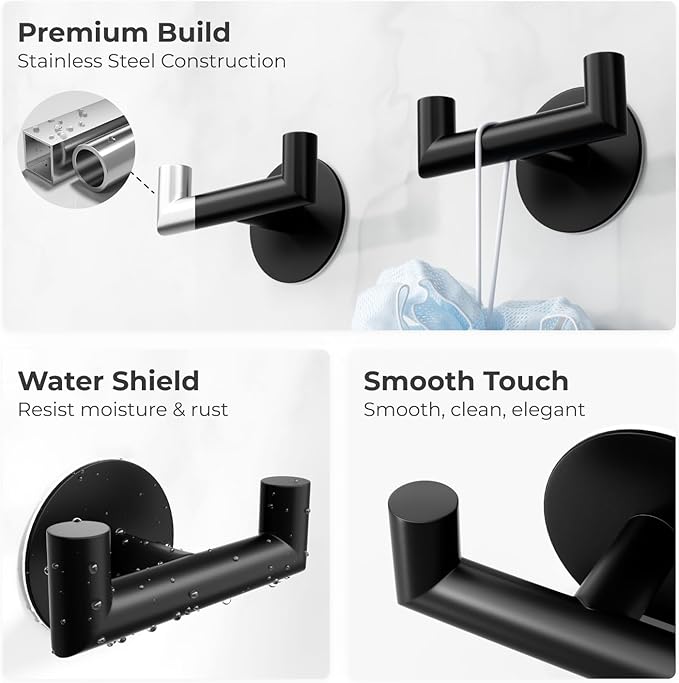 GWAAZXGZ 2 Pack Black Bathroom Hooks for Towels - Self Adhesive Double Hooks for Wall, No Drilling, Matte Finish, Strong Hold for Robes, Coats, Shower Use