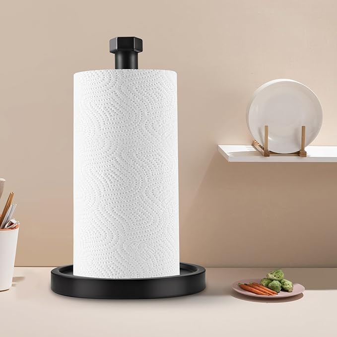 Paper Towel Holder Countertop, Stainless Steel Paper Towel Holder -Weighted Base, One-Handed Tear, Black Kitchen Roll Holder, Non-Slip Protect The countertop-New Black