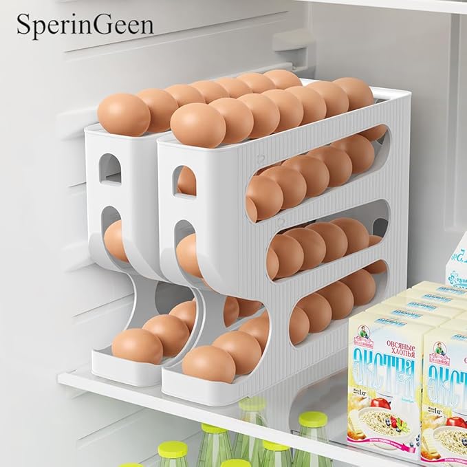 Automatic Rolling Down Egg Holder, 2 Pack Egg Organizer Storage for Refrigerator, Space Saving Container, Dispenser for Fridge - Only for "LARGE" Sized Eggs (Egg Roller Hold 56 Count)