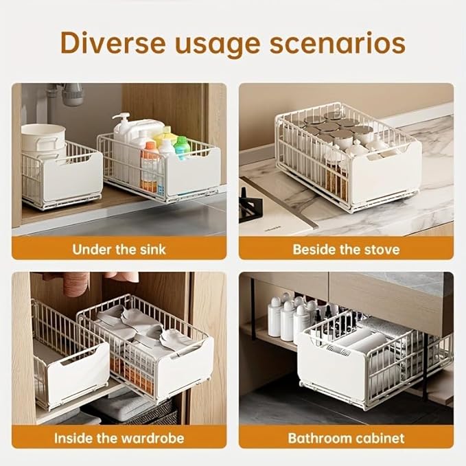 Pull Out Cabinet Organizer Fixed with Adhesive Nano Film, 1 Pack Sliding Mesh Cabinet Basket with Handle, Heavy Duty Slide out Pantry Shelves Drawer Storage for Home, Kitchen, Bathroom, Cream