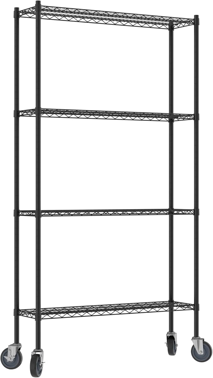 Commercial NSF Listed Black Epoxy Mobile Wire Shelving Kit 12" x 42" x 80", with 4 Shelves Perfect for Warehouse, Walk-in Refrigerator, Freezer, Grocery Store, Restaurant, Dishroom