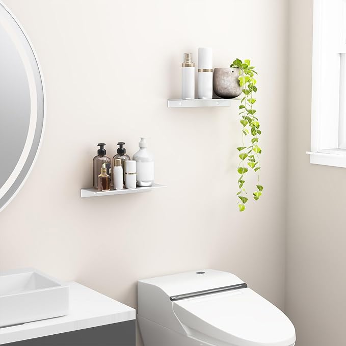 Danpoo Adhesive Floating Shelves for Wall Storage, Metal Wall Shelves for Living Room, Bathroom, Kitchen, 12” Small Display Shelves for Collectibles(Silver, 2 PCS)