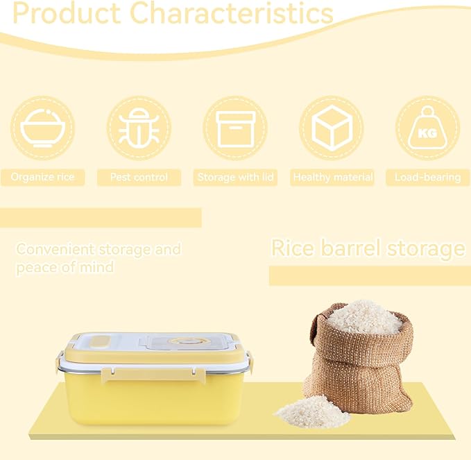 Airtight Stainless Steel Food Storage Container 15lb - Kitchen & Pantry Canister for Rice, Flour, Sugar, Baking Supplies with Measuring Cup & Spoon (Yellow)