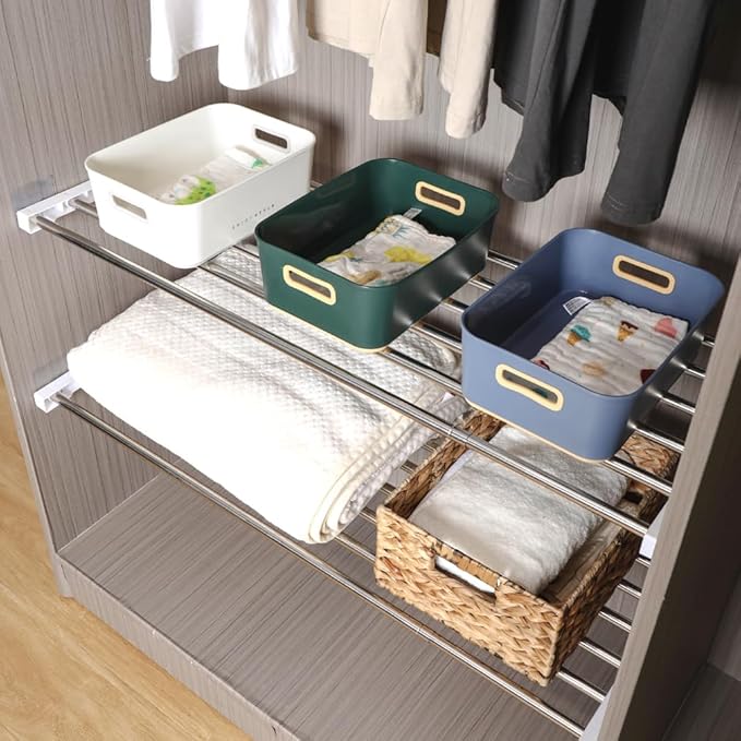 Hershii Adjustable Closet Shelf Wardrobe Rail Metal Hanging Rod Storage Rack Extendable Clothes Divider Separator Organizer for Cabinet Cupboard Kitchen Bathroom, (29.52''-51.18'') X 14.17''