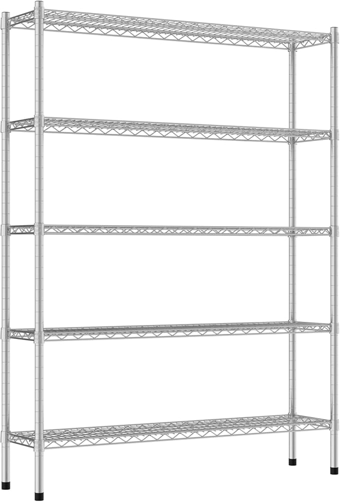 Commercial NSF Listed Chrome Stationary Wire Shelving Kit 12" x 48" x 64", with 5 Shelves Perfect for Warehouse, Walk-in Refrigerator, Freezer, Grocery Store, Restaurant, Dishroom